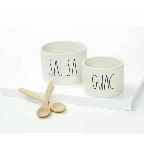Rae Dunn Guac Salsa Bowl Set and Bamboo Spoons Artisan Collection by Magenta - Picture 9 of 9